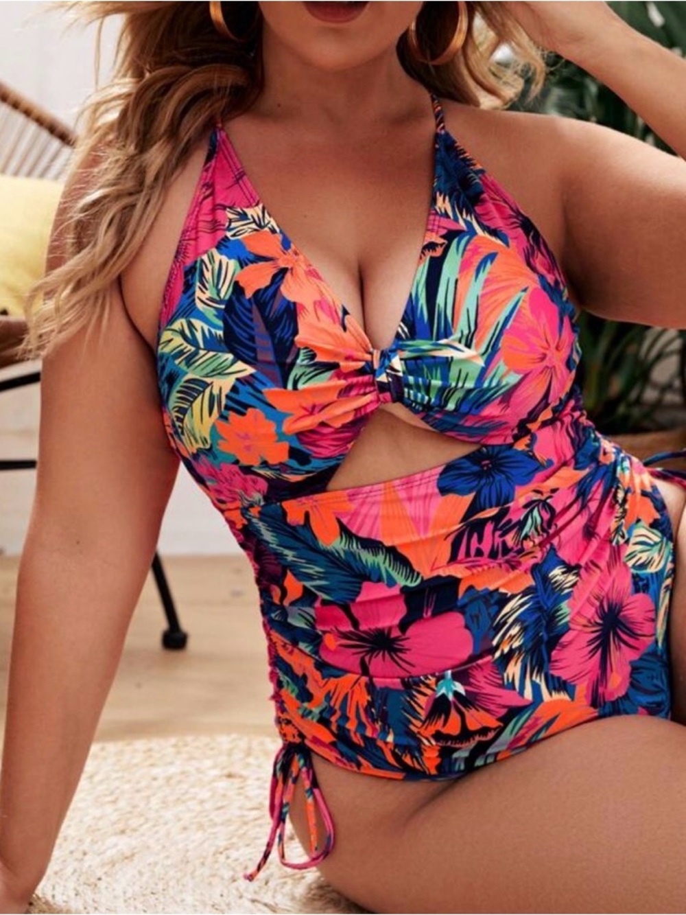 SHEIN Tropical Floral Cutout One-Piece Swimsuit - Pink & Blue